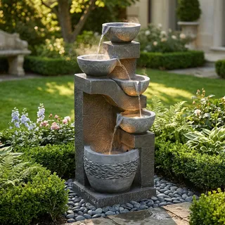 Flieks Gartenbrunnen mit Led, Brunnen aussen, Zimmerbrunnen Zierbecken mit Wasserpumpe, Wasserspiel für Garten und Terrasse, 33.5x30.5x77.5cm, Grau - Grau