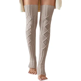 Leoparts Damen Gestrickte Oberschenkelhohe Extra Lange Beinstulpen, Beige-826, One Size