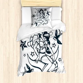 ABAKUHAUS Anker Mantele, Pin-up-Girl Matrosenanzug, Milbensicher Allergiker geeignet mit Kissenbezügen, 135 cm x 200 cm - 80 x 80 cm, Teal und Weiß - Weiß