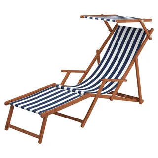 Liegestuhl blau-weiß Fußteil Tisch Kissen Gartenliege Deckchair Buche Sonnenliege 10-317FTKD - Braun