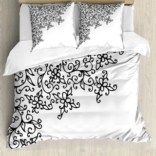 ABAKUHAUS Abstrakt Bettbezug, Blumenvignette Entwurf, Milbensicher Allergiker geeignet mit Kissenbezügen, 200 cm x 200 cm - 80 x 80 cm, Schwarz und weiß - Weiß