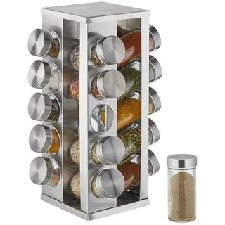 Relaxdays Gewürzkarussell mit 20 Gewürzgläsern, 360° drehbar, Edelstahl, Glas, HxD 33 x 20 cm, Gewürzregal eckig, silber