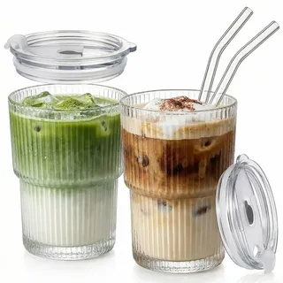 ALINK 2 Stück Kleine 400ml Gerippte Glasbecher mit Deckel und Strohhalm, Eiskaffee Gläser, Longdrinkglas Set, Smoothie Becher, luftdichtes und wasserdichtes Design, ideal als Kaffee