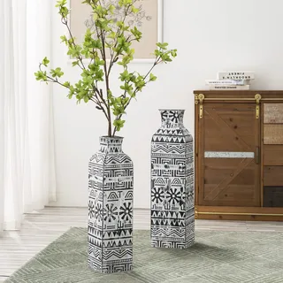 Blumenvase, dekoratives Set, 2 Stück, hoch, Metall, rustikal, römischer Stil, Bauernhaus/Boho, quadratische Form, Vase als Tafelaufsatz für Zuhause