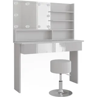 Vicco Schminktisch Azur, 120 cm mit Spiegelregal, Hocker & LED-Beleuchtung, Weiß/Weiß Hochglanz - Weiß