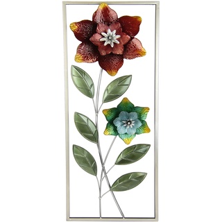 Flair Flower Wanddeko Metall Wandskulptur Blumen Blätter Metallbild Wandbild Wandschmuck Blume Bild 3D Skulptur Einzigartig Deko Terrassendeko Wandrelief Abstrakt Extravagant Blüten, Rot, ca.74x28 cm