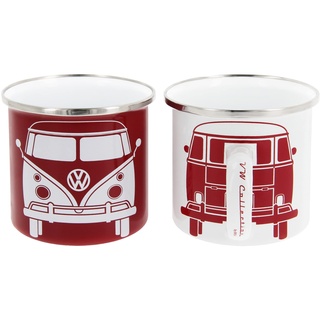 BRISA VW Collection - Volkswagen 2er Set Emaille Kaffee-Tee-Cappuccino-Tasse-Becher-Haferl Mug für Camping & Outdoor T1 Bus (350 ml x2/Rot & Weiß)