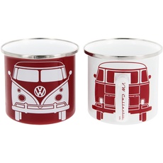Bild VW Collection - Volkswagen 2er Set Emaille Kaffee-Tee-Cappuccino-Tasse-Becher-Haferl Mug für Camping & Outdoor T1 Bus (350 ml x2/Rot & Weiß)