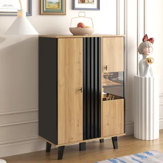 Merax Kommode Highboard mit 8 Fächer inkl. LED, Vitrine mit Glastür, Sideboard Landhausstil Hochkommode Wohnzimmerschränke, 80x120x40cm - Braun