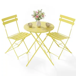 Clevich Bistro Set Balkon Metall, Balkonmöbel Set 3 teilig, Bistrotisch mit 2 Stühlen, Gartenmöbel-Set Outdoor Sitzgruppe, Faltbar und Wetterfest, für Gärten, Terrassen, Gelb