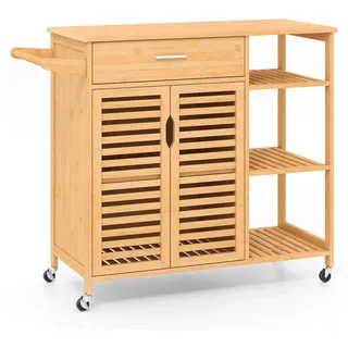 COSTWAY Küchenwagen Bambus, Küchenschrank, Rollwagen mit Schublade, offenen Regalen, Handtuchhalter, 2 Lattentüren & Rollen 104x40x89cm Natur - Naturbelassen