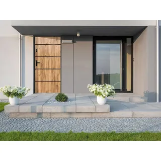 Eingangstür mit Türanschlag rechts - 207 x 100 cm - Stahl & Edelstahl - Eichefarben - NAXARA