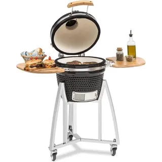 Klarstein Queensize Kamado-Grill - zum Grillen, langsamen Garen, Smoken oder Backen, abnehmbare Seitenteile, Materialien: Keramik, Edelstahl, Bambus, Thermometer von 0-450 °C, 3 Rollen, schwarz - Schwarz