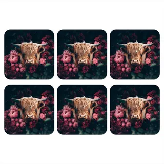 MuchoWow Glasuntersetzer 6er-Set Kuh - Schottischer Highlander - Blumen - Botanisch 10x10 cm , Naturmaterialen , Quadratisch , 10x0.2 cm , Gläser, Untersetzer