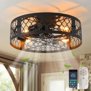 Ganeed Deckenventilatoren mit Lichtern Industrial Style Farmhouse Deckenventilator 50cm Metall Käfigbeleuchtung E27 Unterputzmontage mit Fernbedienung Schwarz 4 Lichter