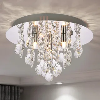 A1A9 Modern Flush Mount Kristallleuchter, K9 Crystal Droplet Runde Chrom Deckenleuchten, Elegante LED Pendelleuchte Leuchte für Wohnzimmer, Esszimmer, Schlafzimmer, Lounge D35cm (3 Lichter)