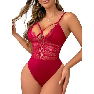 Buitifo Damen Sexy Body Ein Stück Babydoll Dessous Spitze Teddy Negligee(Red,S)