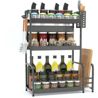 FEXPLENDID küchenregal arbeitsplatte, 63x49x22.5cm, gewürzregale für arbeitsplatte küche, Stahl, gewürz organizer, gewürzregal stehend, tischregal für Küche, Büro, Waschraum(3-Lagen schwarz)