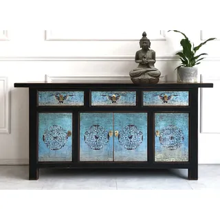 Chinesisches Sideboard asiatische Kommode Schrank orientalisch Möbel Büffet Anrichte Lowboard Vintage Shabby Chic Landhaus Stil türkis-schwarz - Schwarz, Türkis