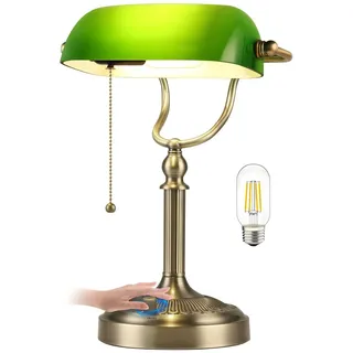 Newrays Grünes Glas Bankers Schreibtischlampe, Stufenlos dimmbare Tischlampe Plug in Leuchte für Arbeitszimmer, Büro mit LED Glühbirne