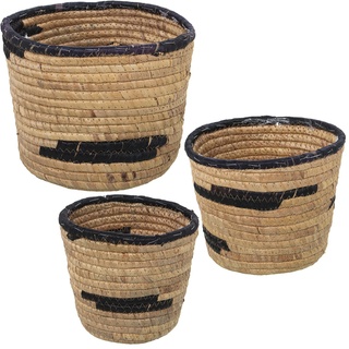 DRW Set mit 3 runden Körben aus Seegras in Natur und Schwarz, 25 x 19, 21 x 17 und 18 x 16 cm