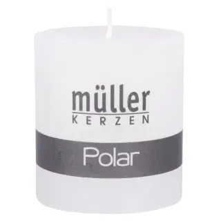 Müller Kerzen Polar Stumpenkerzen 75/68 mm, Raureif-Effekt, Hochwertige Stumpenkerze für ein besonders langanhaltendes gemütliches Ambiente, 1 Packung = 4 Stück, weiss