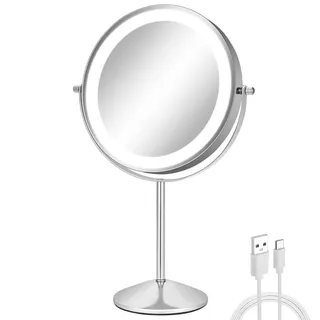 FFowcye Schminkspiegel mit Beleuchtung, 8 Zoll Tischspiegel mit 1x/10x Vergrößerung, Kosmetikspiegel mit 3 Lichtfarben, Touch-Steuerung & USB-Aufladbar für Make-up und Rasur