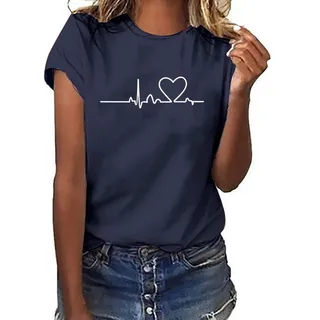 Tshirt Damen Lässige Elektrokardiogramm Druck Oberteile Herzschlagkurve Pullover T-shirt Einfarbiges Basic Shirt Rundhals Kurzarm Sommer Tops Lockere All-Match Tunika Bluse Laufshirt Sportshirt