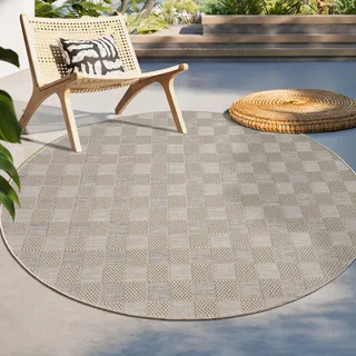 Outdoor Teppich Flachgewebe modern Boho Ethno wetterfest Außenbereich Grösse 200 cm Rund - Beige