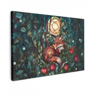 MuchoWow© Leinwand Deko Schlafzimmer Aesthetic Leinwandbilder Wohnzimmer | 60x40 cm - Gemälde Foto Geschenk Living Room Decoration Fuchs - Mosaik - Wald - Mond