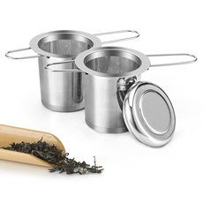 2 Stück Teesieb, Tea Infuser 304 Rostfreiem Edelstahl Teefilter mit Faltbare Griffe und Deckel Teefilter für Losen Tee