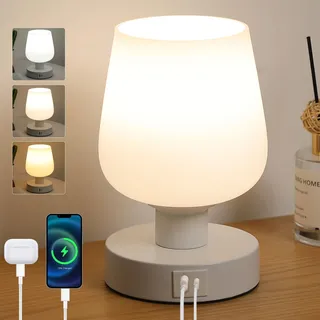 Lightess Nachttischlampe Touch Dimmer, Tischlampe mit USB A+C Ladeanschlüssen und Glühbirne, 3 Farbtemperaturen, Weiße Milchglas-Lampenschirm E27 Tischleuchte mit Kabel für Schlafzimmer Wohnzimmer
