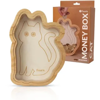 Fisura – Kinder-Spardose aus Holz in Katzenform. Originelle transparente Spardose für Münzen und Geldscheine. Holz und Acrylglas. Kreatives Geschenk für Kinder. 15 cm x 21 cm.
