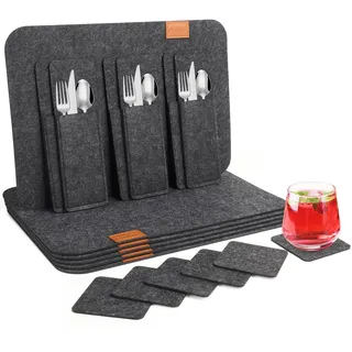Cinnani Tischset Filz 18er Set, 6 Platzsets Filz, 6 Filzuntersetzer, 6 Bestecksäcken, Rutschfest Platzdeckchen Abwaschbar Tischsets, Esstisch Unterlage, Tischuntersetzer, Platzset in Anthrazit