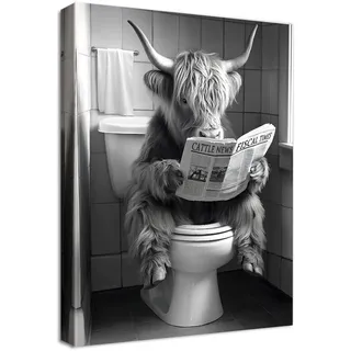 Leinwand Bilder Mit Rahmen Badezimmer Hochlandkuh Bild Rinder Hochlandkuh liest Zeitung auf der Toilette Wandbilder Wandkunst Kunstdruck auf Leinwand Malerei Wohnzimmer Schlafzimmer Wanddeko 30x40cm