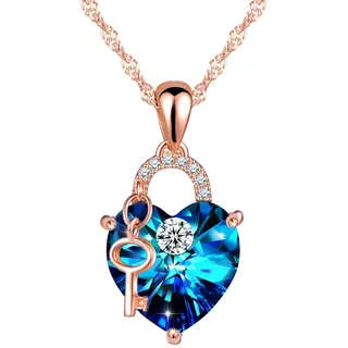 Unendlich U 925 Sterling Silber Damen Kristall Zirkonia Halskette Blau Herz Schloss Schlüssel Kette Swarovski Steine Anhänger
