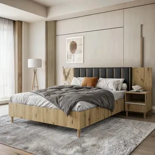 BEAUTYSOFA Polsterbett STELLA 160x200cm - Designerbett mit Bettkasten, Lattenrost & einem Nachttisch - Artisan & Schwarz (Jasmine 100) - Braun, Schwarz