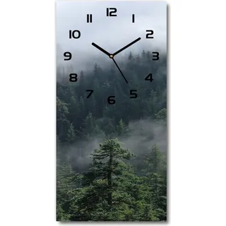 Wanduhr aus Glas – 30x60 cm - Glasbild - Glasuhr - Gehärtetes Glas -Nebel über dem Wald - Grün