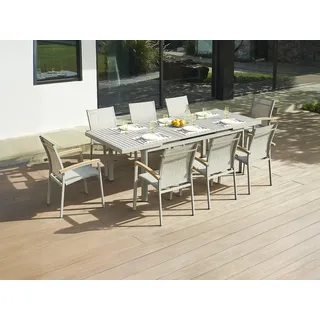 Garten-Essgruppe: Tisch ausziehbar 180/240 cm + 8 stapelbare Sessel mit Armlehnen aus Akazienholz - Aluminium - Taupe - NAURU von MYLIA