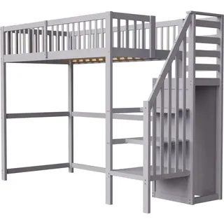 okwish Hochbett 90x200cm mit Treppe und Aufbewahrungsregal Grau ohne Matratze