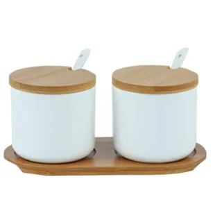 OnePine 2er Set Keramik Gewürzdosen Salztopf Keramik Zuckerdose Gewürzgläser mit Löffel und Bambus Deckel für Tee Zucker Salz Gewürze