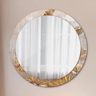 Runder Spiegel mit Modernem Aufdruck - Dekospiegel Wandmontage -golden Blätter- Ø90cm - Gold
