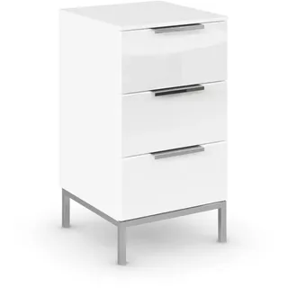Rauch Möbel Flipp, Nachttisch, Farbe Glas Weiß, Maße 40x72x42 cm | Nachtkommode, 3 Schubladen, Soft-Close-Funktion, Griffe und Metallkufe Chrom, für Schlafzimmer, Jugendzimmer, Gästezimmer