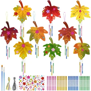 Ahornblatt Windspiel Bastelset, 9 Stück DIY Herbst Windspiel Bastelset Kinder, Holz Blatt Windspiele zum Bemalen, Herbstblatt Klangspiel Kreativsets Set für Mädchen Junge Herbst Erntedankfest