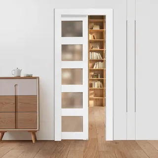 VEVOR Schiebetür (765 x 2035 mm) 5-tlg. Milchglas-Einzelschiebetür mit Hardware-Kit, Schiebetürplatte aus Massivholz & MDF mit wasserfester Oberfläche für Schlafzimmer Küche Arbeitszimmer