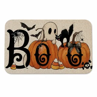 Gleemix Halloween Fußmatte 50x80 cm, Boo Kürbis Türmatte | Halloween Fussmatte mit Boo Kürbis, Rutschfest und Saugfähig für Haustür, Flur und Party Deko Halloween