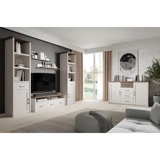 Wohnwand Wohnzimmer im Landhausstil LUND-78 in Pinie weiß Nb./Trüffel Eiche Nb., B/H/T: ca. 298/201/43 cm - Braun