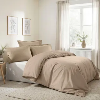 Nuit Des Rêves Ranforce Bettwäsche-Set (Beige, Einzelbett XXL) – 100% Baumwolle, Bettbezug (155 x 220 cm) und Kissenbezug (80 x 80 cm), maschinenwaschbar, Elegantes Design