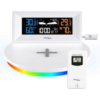 Green Blue GB213 Kabellose Wetterstation mit kabellosem Qi-Ladegerät Stimmungslicht Basis Wettervorhersage Kalender Wecker und Schlummerfunktion Externer Sensor Innen und Außen Thermometer Farbdisplay