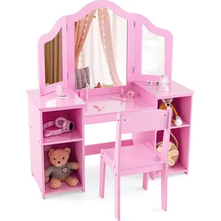 COSTWAY 2 in 1 Kinder Schminktisch Schreibtisch mit abnehmbarem Spiegel, Frisiertisch Mädchen mit offenen Fächern, Frisierkommode Holz, Schminkkommode (Mit Stuhl, Rosa) - Rosa